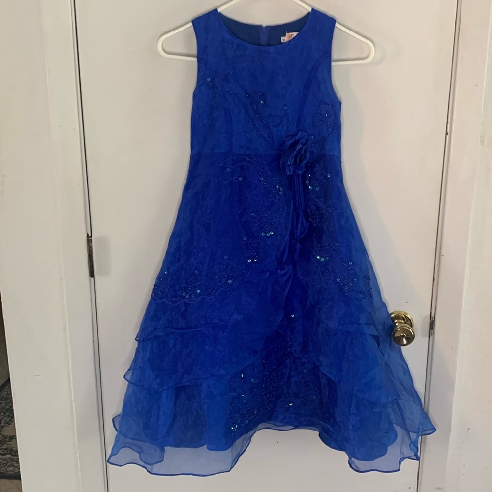 Glamour royal blue embroidered and beaded tiered long gown with sequins